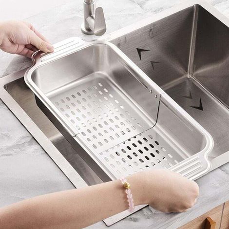 Cestello scolapasta retrattile in stainless steel acciaio per lavello da cucina - Lava frutta et verdura, scola la pasta e asciuga i piatti, espandibile (argento) (1/4)