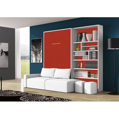 Les Tendances – Lit escamotable 160x200 cm avec canapé et bibliothèque – Ouverture verticale – Structure en bois mélaminé – Finition chêne 3D et blanc (1/5)