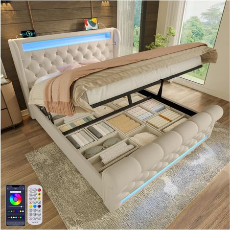 Letto matrimoniale imbottito con LED 140x200 cm, letto contenitore con alzata idraulica, porte USB e Type-C, velluto beige (1/5)