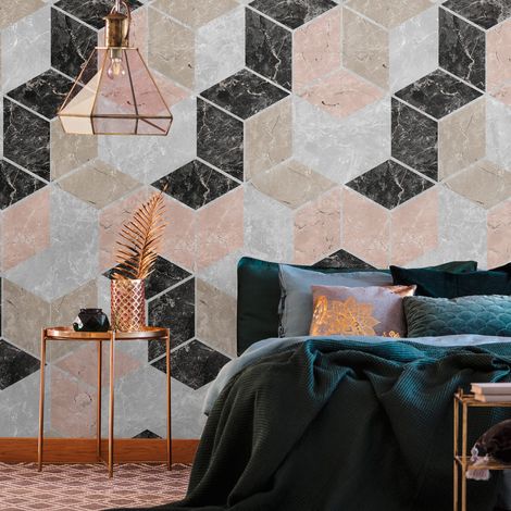 Fototapete Profhome 393191 heißgeprägte Vliestapete glatt in Marmoroptik matt grau beige schwarz rosa 1,59 m x 2,8 m