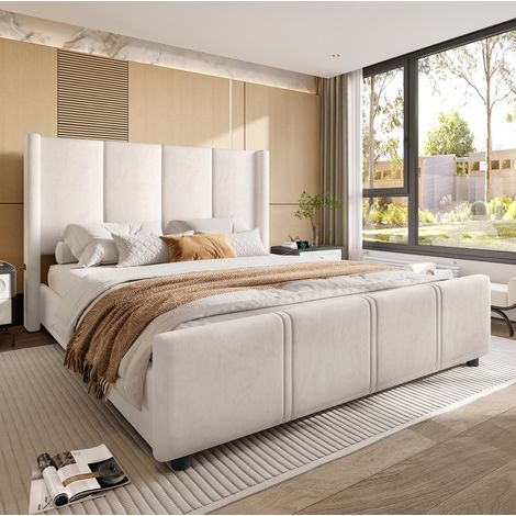 DESVIAE Lit rembourré 160 x 200 cm avec tête de lit haute ports USB et USB Type C velours beige structure stable en métal et bois dossier confortable design sobre beige (1/5)