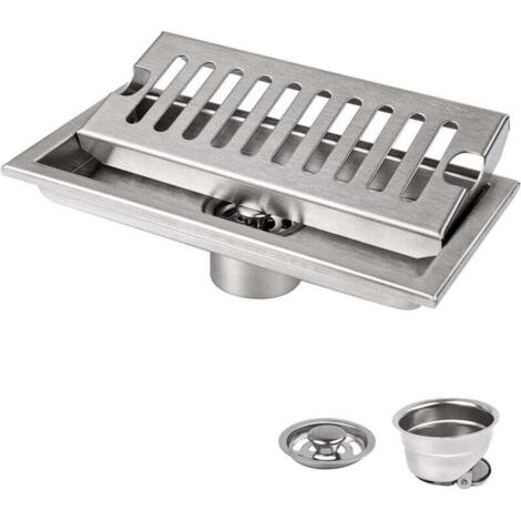 Siphon de Sol, 20 x 10 cm Siphon de Sol Rectangulaire, Argent Siphon de Sol avec Grille en Acier Inoxydable, Convient pour WC, Salle de Bain, Cuisine, Balcon
