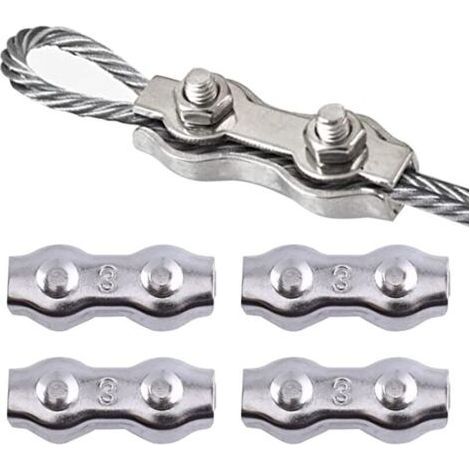 4 Pièces M3 Double Serre-Câbles, Double Serre Câbles Inox, M3 Serre-Câbles en Acier Inoxydable pour la fixation d'un auvent de corde à linge (1/5)