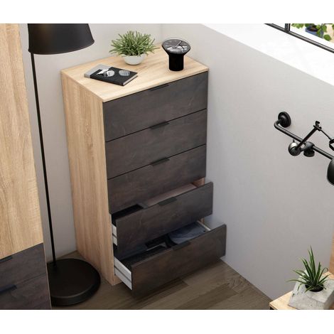 Dmora Cómoda Mesquite, Semanal con 5 cajones, Tocador para dormitorio, semanario moderno, cm 60x40h110, Roble y Antracita, con embalaje reforzado (1/5)