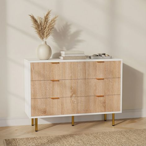 Commode 6 tiroirs, commode chambre, meuble de rangement moderne bicolore, pieds métal doré, meuble salon entrée, 100x73x34 cm - Blanc (1/5)