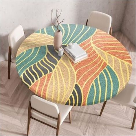 Cette nappe ronde d'extérieur imperméable, d'un diamètre de 80 cm, possède des bords élastiqués et est idéale pour les fêtes et le jardin. (Motif feuilles) (1/5)