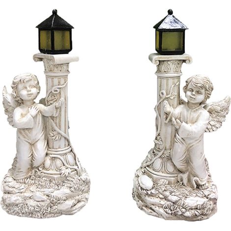Lampe Solaire - Ange En Résine Sur Pilier Romain - Jardin Cour Extérieur - 2 Pièces (1/5)