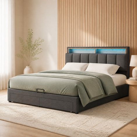 Letto matrimoniale imbottito grigio scuro 180x200 cm con LED e contenitore OKWISH (1/5)