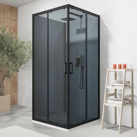Cabine de douche noire mate à 3 côtés 80 x 80 x 80 cm avec double porte coulissante h 190 cm et verre fumé de 6 mm Tremiti (1/4)