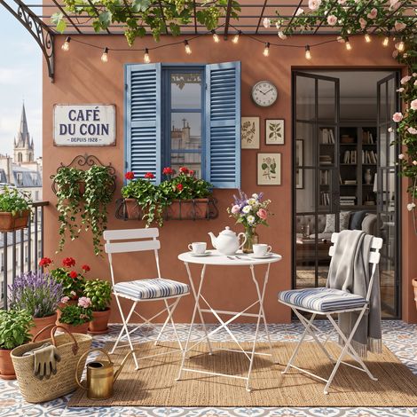 Creahappy Salon de Jardin Bistro Pliant Table Ronde Ø 58 cm et 2 Chaises - Gain d'Espace Extérieur Métal - Blanc Crème (1/5)