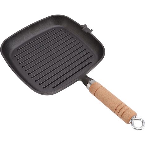 Poêle carrée en fonte avec manche en bois, poêle à griller antiadhésive non revêtue pour steaks, poissons et viandes (1/5)