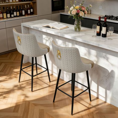 2x Industrial Bar Stools Modern PU Leather Swivel Barstools -  Khaki & Creamy White