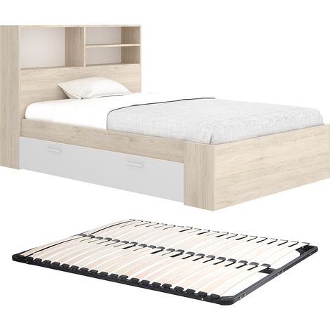 Letto 120 x 190 cm Con vani portaoggetti Naturale e Bianco + Rete  - VARDIEL