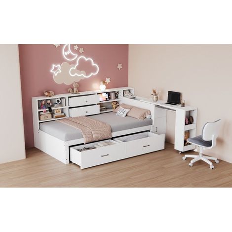Lit banquette 90x200 cm blanc en pin, contreplaqué et MDF, bureau coulissant, rangements multiples, 2 tiroirs, 2 USB et prise, sommier 15 lattes inclus (1/5)