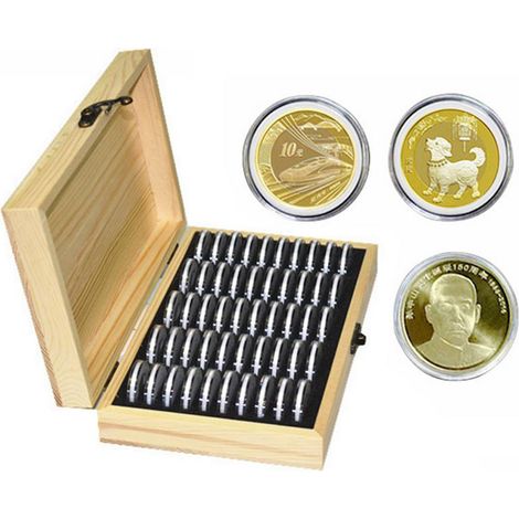 Boîte en bois ronde ajustable de rangement pour 50 pièces, outil de collection de pièces commémoratives. (1/5)