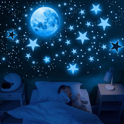 Stickers muraux étoiles phosphorescents auto-adhésifs, stickers muraux étoiles et lune, adaptés aux chambres d'enfants. (1/5)
