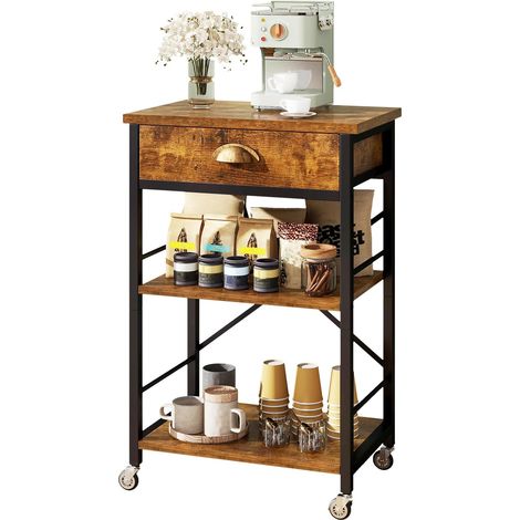 Étagère boulanger de cuisine avec tiroirs – Support à 3 niveaux pour four à micro-ondes avec rangement – Table de bar à café avec roues – Étagère réglable – Assemblage simple – Brun rustique (1/5)