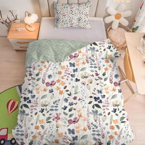Ensemble de literie 135x200 cm Beige Fleuri Microfibre avec 2 taies d'oreiller 80x80 cm