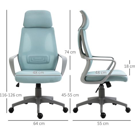 Chaise de bureau réglable avec accoudoirs, appui-tête et fonction inclinable, capacité de charge 120 kg, 64 x 55 x 116-126 cm, bleue