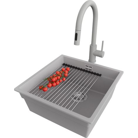 PRIMAGRAN Evier Cuisine en Granit 46x47cm, Lavabo 1 bac + Robinet 40x20cm + Kit de Vidage + Accessoire, Évier à Encastrer au meuble 50cm - Prague Slim, Gris (1/5)