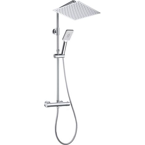 Görbach Colonne de douche thermostatique en inox, avec pommeau pluie 30x30 cm et douchette, barre réglable en hauteur, finition chromée (1/5)