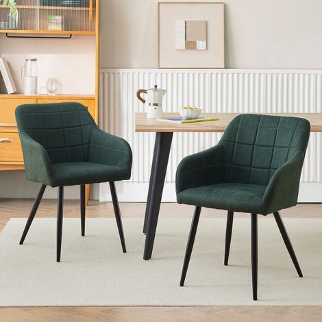 Clipop – Lot de 2 chaises de salle à manger – Tissu de lin rembourré – Pieds en métal – Couleur vert – Design ergonomique avec accoudoirs (1/5)