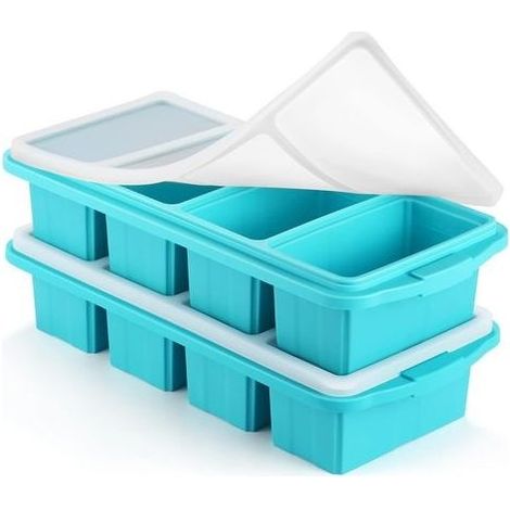 Lot de 2 Plateau de congélation en silicone avec couvercle Moules alimentaires en silicone pour congélateur Grand bac à glaçons, récipient de congélation en silicone, congélation et conservation de (1/5)