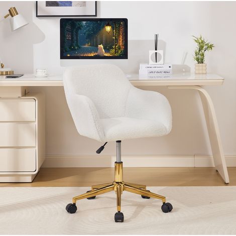 Sedia da ufficio in tessuto Teddy bouclette, altezza regolabile, girevole 360°, bianca OKMYHOME (1/5)