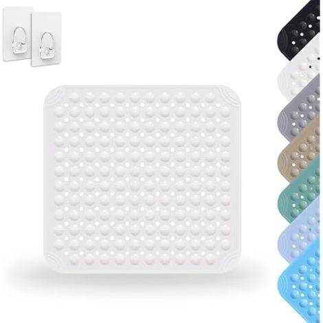 Tapis De Douche, 48 x 48 cm Tapis de Douche, PVC Shower Mat Non Slip, Tapis de Douche Carré Lavable en Machine avec Ventouse, pour Baignoire, avec 2 Crochets, Blanc (1/4)
