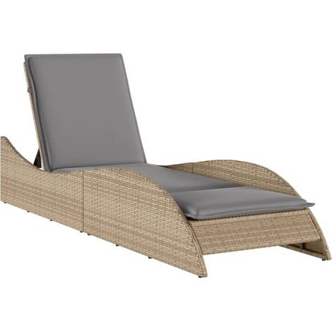 Chaise longue rembourrée beige, dimensions : 60x205x73 cm, résine tissée. (1/5)