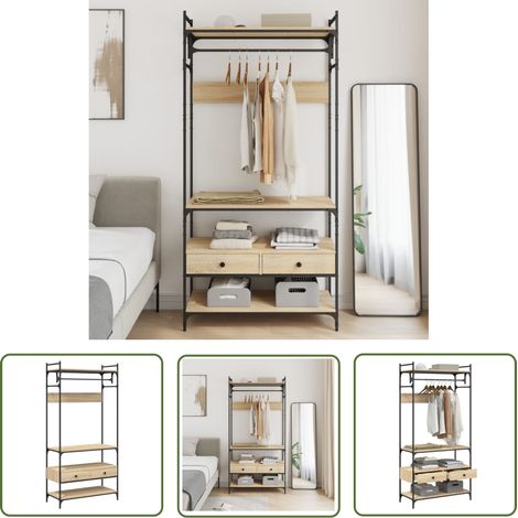 The Living Store Kleiderständer mit Schubladen Sonoma-Eiche 89x39x184,5 cm - Garderobe - Kleiderschrank - Schuhschrank - Aufbewahrung - Kommode