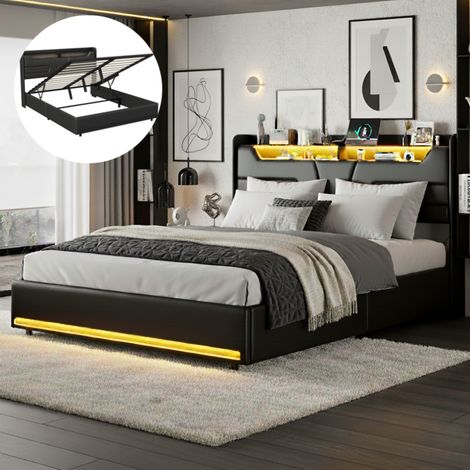 Bettkasten 140x190 cm – Bett 140x190 cm – mit einstellbarer LED-Beleuchtung – USB-Ladeanschluss – PU – hydraulischer Stauraum – Lattenrost – Erwachsenenbett 140x190 cm – Schwarz