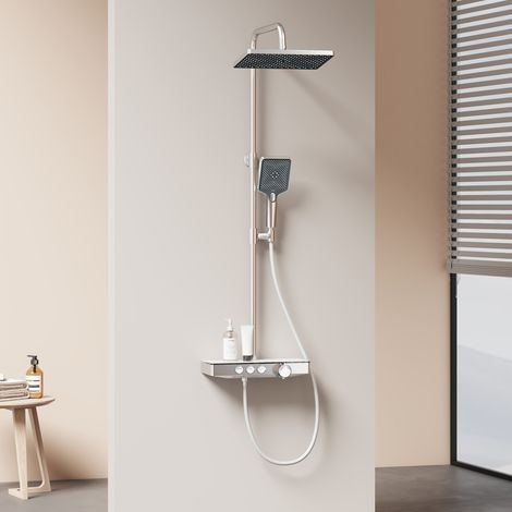 EMKE Duschsystem mit Thermostat & Kindersicherung, 30cm Regenduschkopf mit 3-Funktionen Handbrause, Chrom