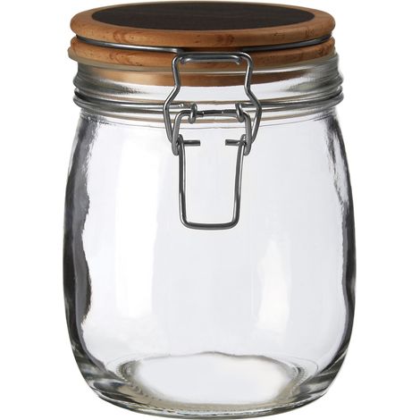 Premier Housewares Small Glass Storage Jar With Pine Wood Lid Transparent Jars For Kitchen Storage Coffee Tea Sugar Black Chalkboard On Top 12 x 12 x 15 (1/4)