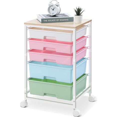 Chariot de rangement avec 5 tiroirs et plateau en bois, couleur Chariot à roulettes grande capacité mobile, structure en acier, pour cuisine, salon, chambre à coucher, bureau (1/5)