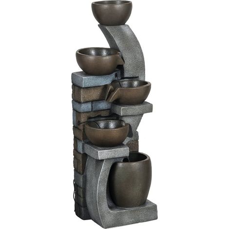 Fontaine de jardin avec aspect de briques, 5 niveaux, fonctionnement solaire, LEDs, 107 cm, résine, Gris/Marron.