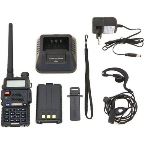 Baofeng UV-5R Talkie-walkie FM radio VHF/UHF avec double bande, affichage, veille et horloge intégrée (Casque ajouté, Noir) (1/4)
