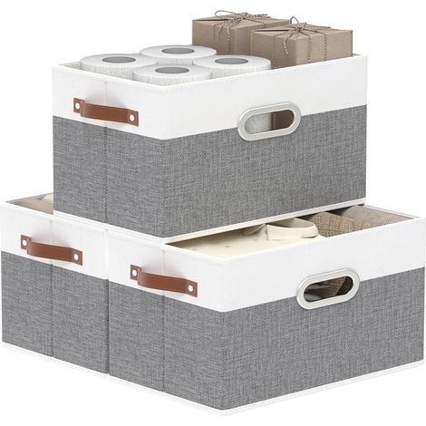 Lot de 3 Caisses de Rangement Pliables,Blanc/Gris,33x23x20cm Sans Couvercle Boîte de Rangement PliablesCoffre avec Plaques en PP Rangement Tissu avec poignées en cuir pour Vêtements (1/5)