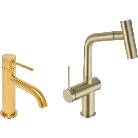 Aurum Set grifo monomando para lavabo + grifo monomando para cocina Ceramia Timeless de acero inoxidable, ducha extraíble, oro c (1/5)