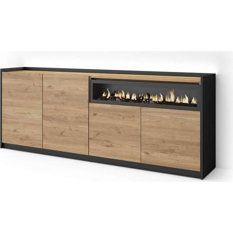 Aparador Benagalbón-01 de 207x80x37 cm con 4 puertas, chimenea y luces LED, roble y negro (1/4)
