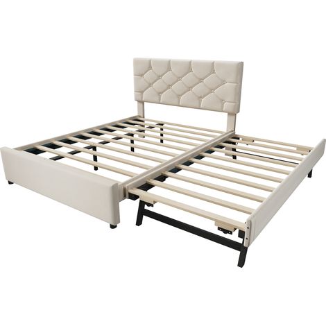 Polsterbett 140 x 200 cm, Doppelbett mit Ausziehbett 90 x 190 cm, ohne Matratze, Samt Beige (1/5)