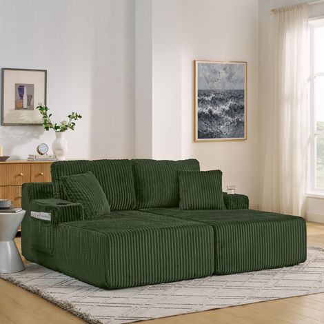 Canapé-lit 2 places inclinable en velours côtelé vert doux. Equipé de poche latérale, porte-gobelet et coussins. Idéal pour salon, salle de jeux, bureau et chambre d’amis.