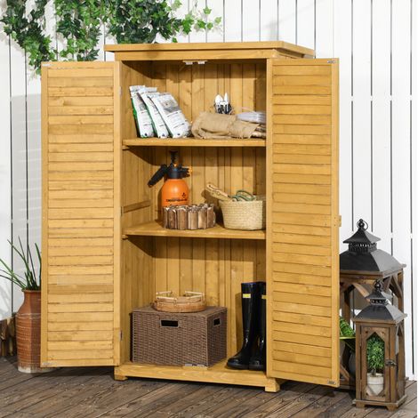 Armario de jardín, 87x46.5x160 cm, con 3 estantes, puertas de lamas, madera natural (1/5)