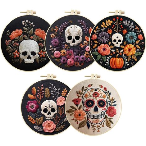Broderie Crâne Kits de Broderie Point de Halloween,Set de Gothique avec Cadre Fils Ciseaux pour Amateurs Famille Amis Femme Mère (1/5)