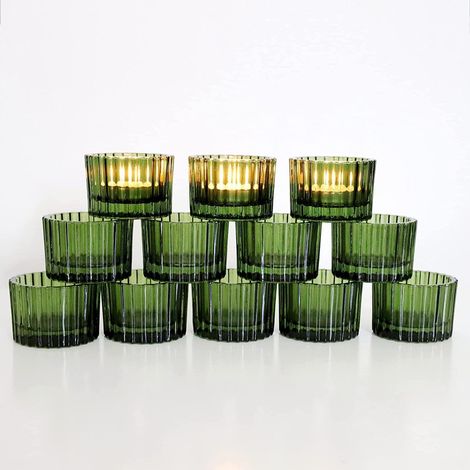 12 Petit Vert Photophore Verre avec Côtelé, Bougeoir Verre pour Mariage (1/5)