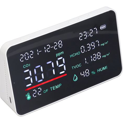 CO₂-Detektor für Zuhause, Raumluftqualitätssensor mit Feuchtigkeits- und Temperaturmessung, USB-aufladbar, integrierter Akku, weiß (1/5)