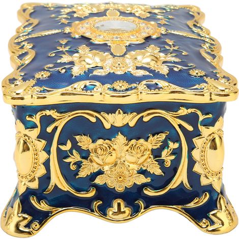 Boîte à bijoux vintage, boîte à bijoux en métal émaillé de style européen, petite boîte de rangement rectangulaire à double compartiment, coloris or et bleu.