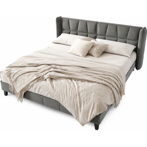 Lit rembourré 180x200 en velours gris avec sommier à lattes et tête de lit- FLORAGRACE (1/5)