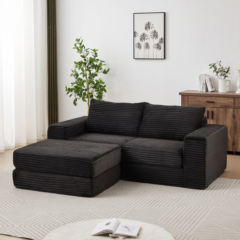 Diván cama convertible modular en pana negra con reposabrazos cuadrados y reposapiés extraíble (1/5)