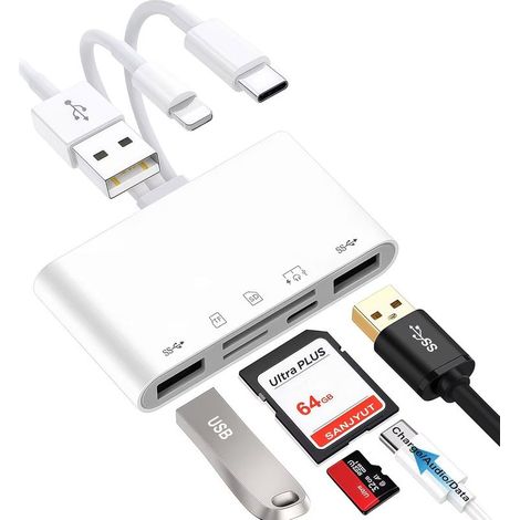 Lecteur de cartes mémoire universel 5 en 1 avec connecteurs USB/Lightning/USB-C et emplacements pour cartes SD/TF, adaptateurs USB OTG, compatible avec les cartes mémoire SD/Micro SD (1/5)